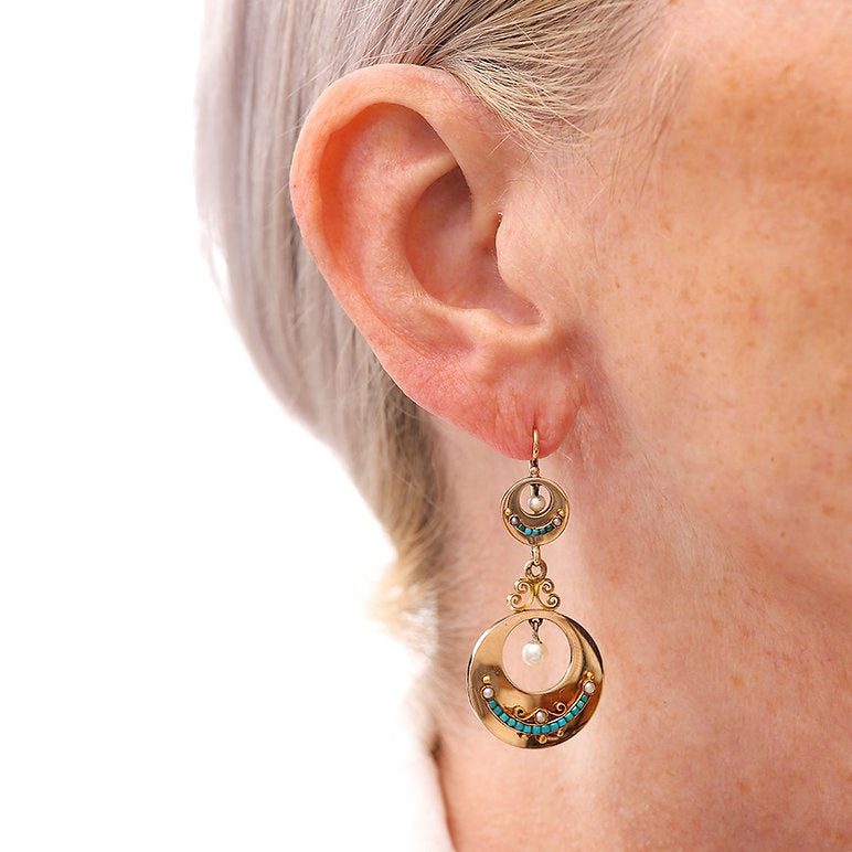 Antique Victorian French Turquoise Pearl Gold Drop Earrings