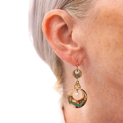 Antique Victorian French Turquoise Pearl Gold Drop Earrings