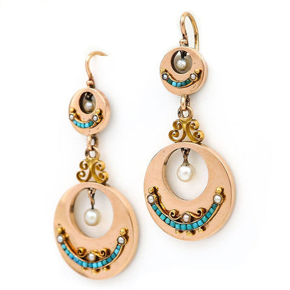 Antique Victorian French Turquoise Pearl Gold Drop Earrings
