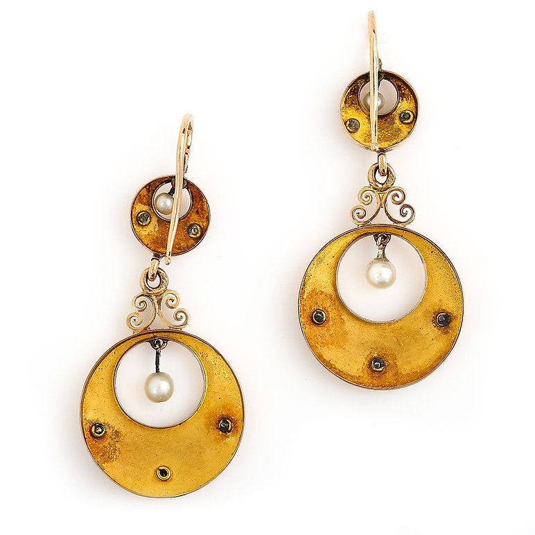 Antique Victorian French Turquoise Pearl Gold Disc Drop Earrings