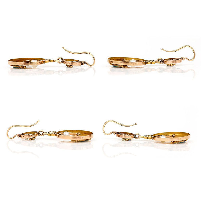 Victorian Antique French Turquoise Pearl Gold Disc Drop Earrings