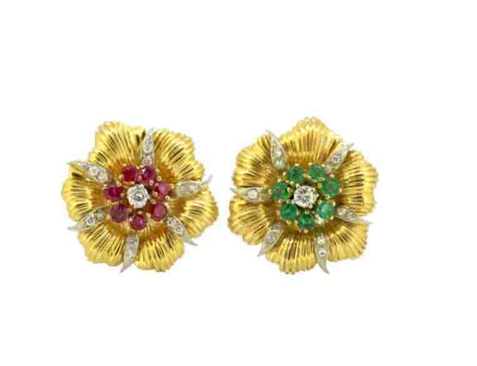 Vintage Gold Flower Earrings, Emerald Diamond Rubies