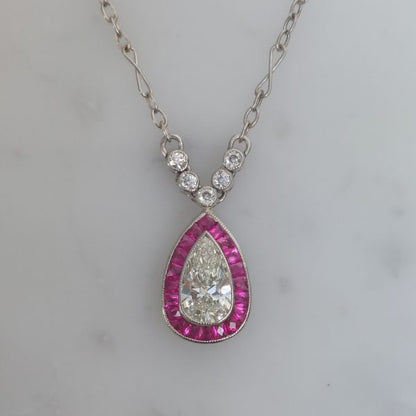 Vintage 0.70ct Pear Shape Diamond and Ruby Pendant Necklace