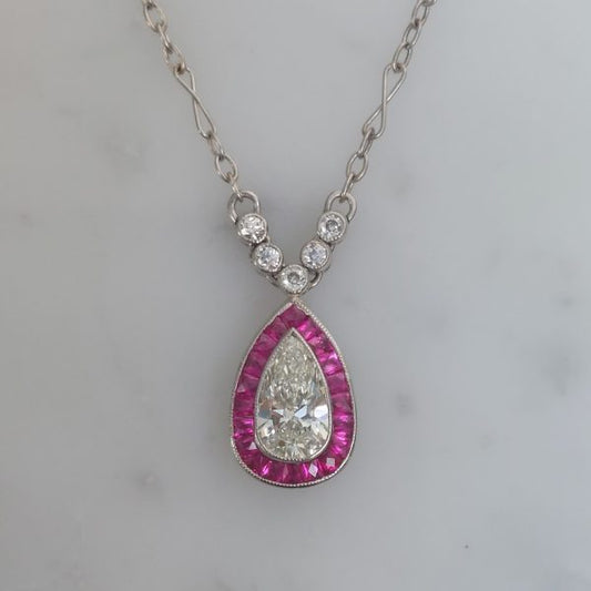 Vintage 0.70ct Pear Shape Diamond and Ruby Pendant Necklace