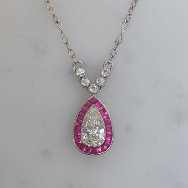 Vintage 0.70ct Pear Shape Diamond and Ruby Pendant Necklace