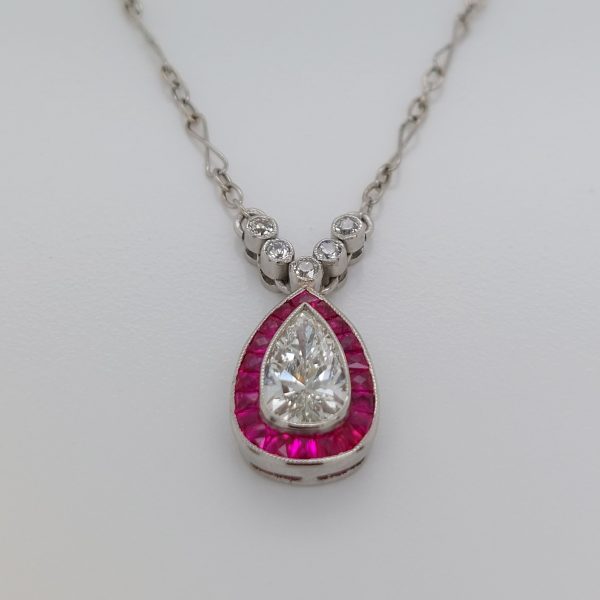 Vintage 0.70ct Pear Shape Diamond and Ruby Pendant Necklace