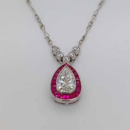 Vintage 0.70ct Pear Shape Diamond and Ruby Pendant Necklace
