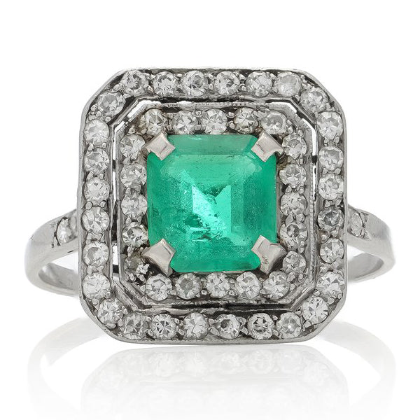 Late Art Deco 1.10ct Natural Colombian Emerald and Old Cut Diamond Cluster Ring