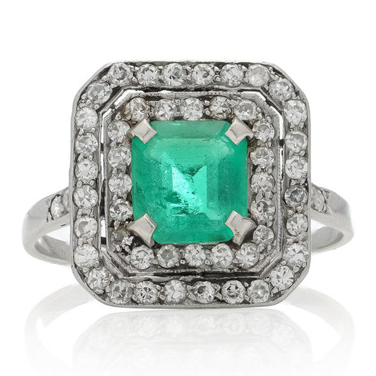 Late Art Deco 1.10ct Natural Colombian Emerald and Old Cut Diamond Cluster Ring