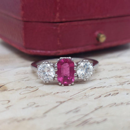 Vintage 1.14ct Ruby and Diamond Three Stone Ring