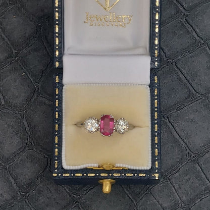 Vintage 1.14ct Ruby and Diamond Three Stone Ring