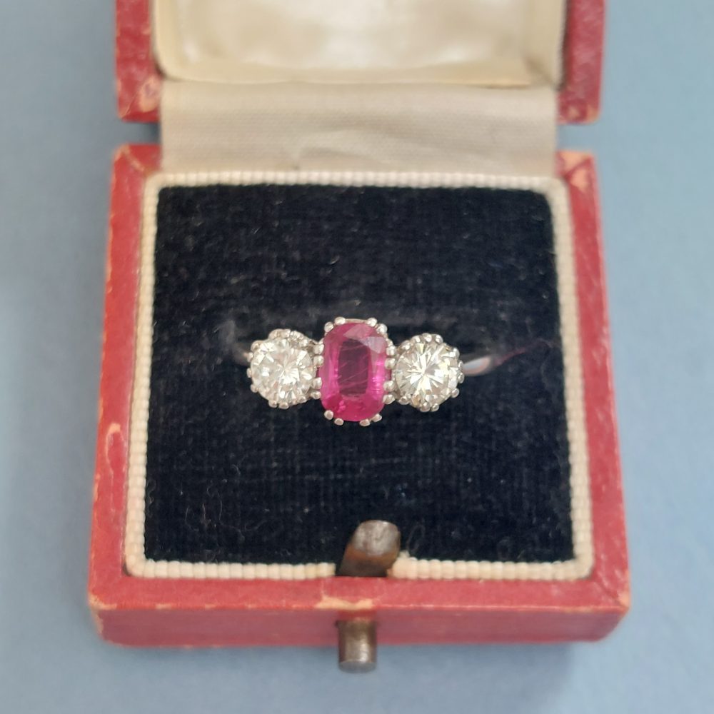Vintage 1.14ct Ruby and Diamond Three Stone Ring