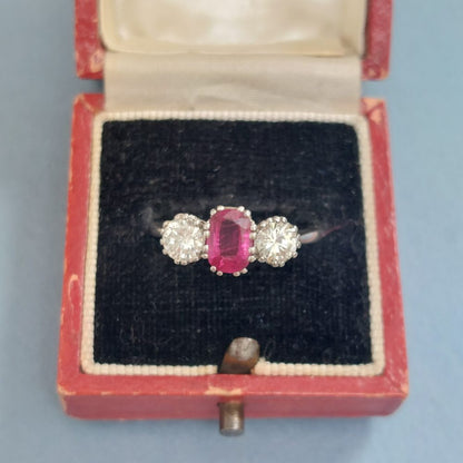 Vintage 1.14ct Ruby and Diamond Three Stone Ring