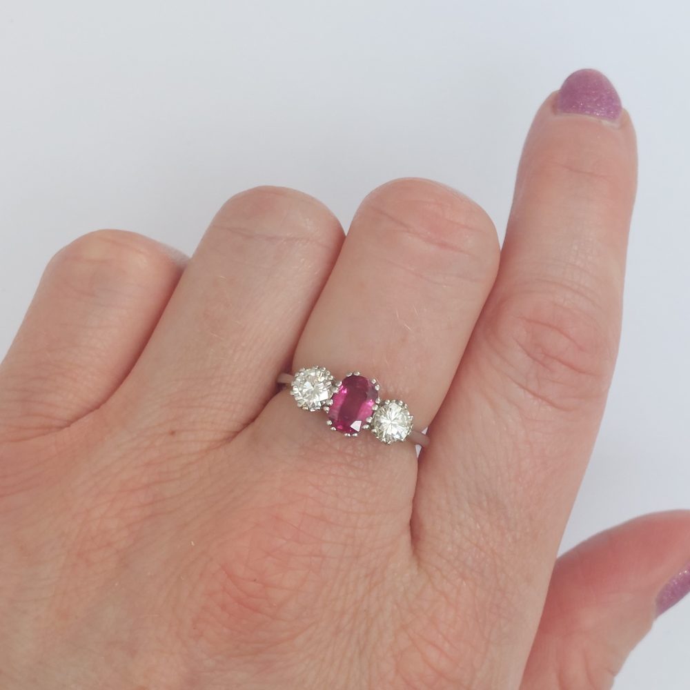 Vintage 1.14ct Ruby and Diamond Three Stone Ring