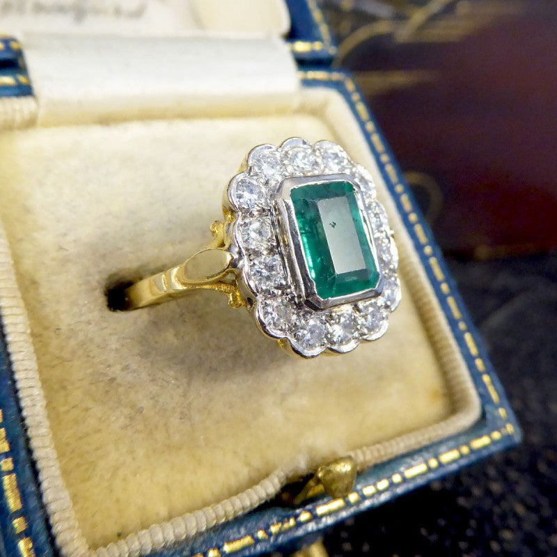 Vintage 1.25ct Emerald and 0.50ct Diamond Cluster Ring