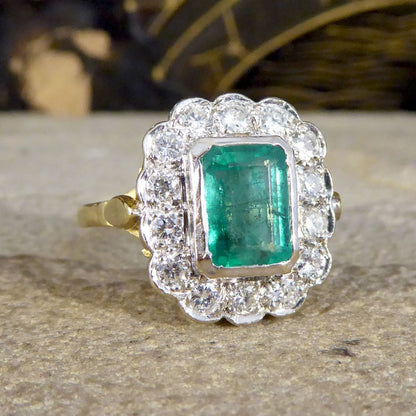 Vintage 1.25ct Emerald and 0.50ct Diamond Cluster Ring