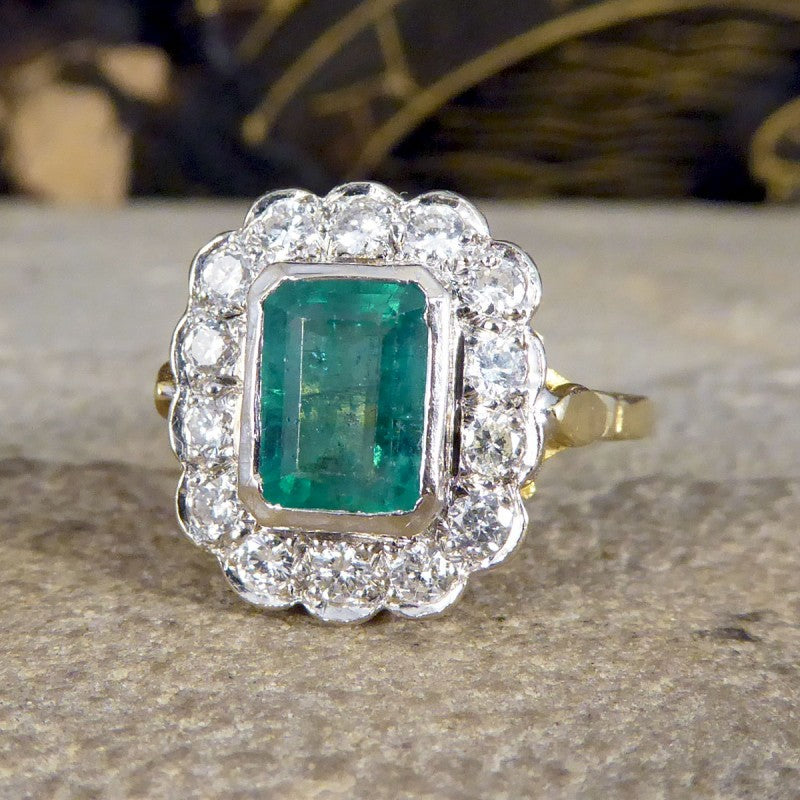 Vintage 1.25ct Emerald and 0.50ct Diamond Cluster Ring
