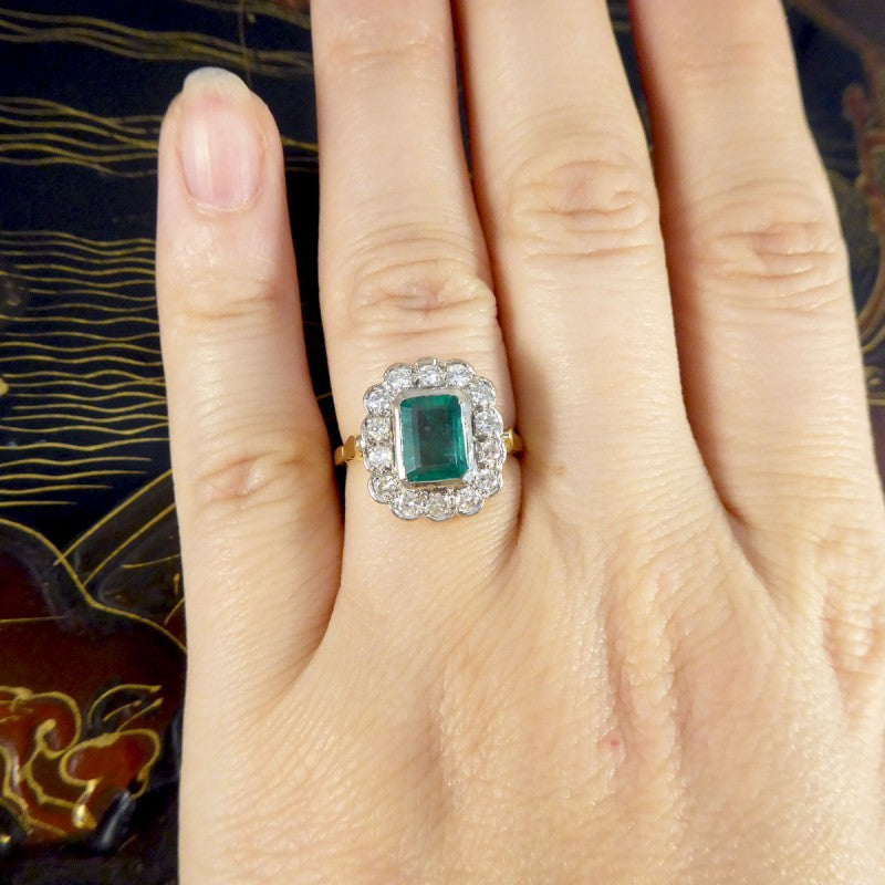 Vintage 1.25ct Emerald and 0.50ct Diamond Cluster Ring