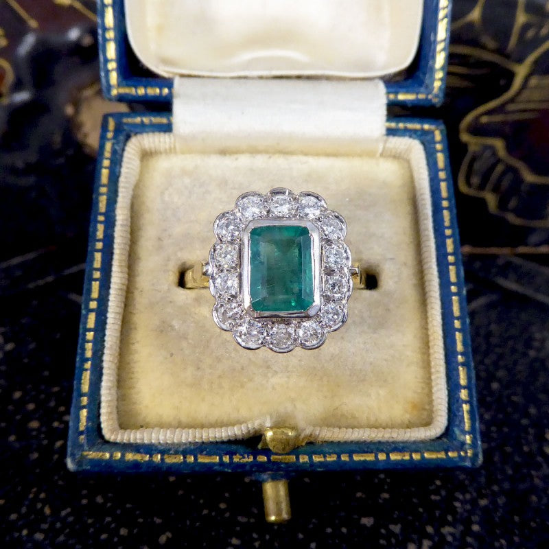 Vintage 1.25ct Emerald and 0.50ct Diamond Cluster Ring
