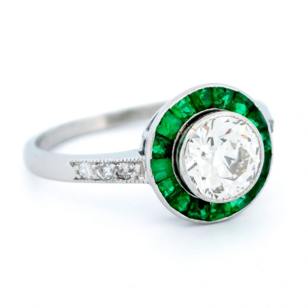 Vintage 1.30ct Diamond and Emerald Target Cluster Ring