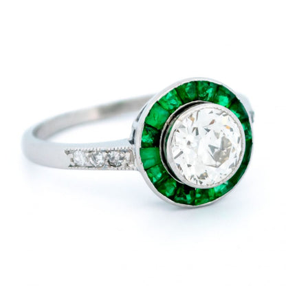 Vintage 1.30ct Diamond and Emerald Target Cluster Ring