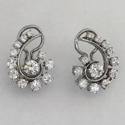 Vintage 1.30ct Diamond Swirl Cluster Clip On Earrings