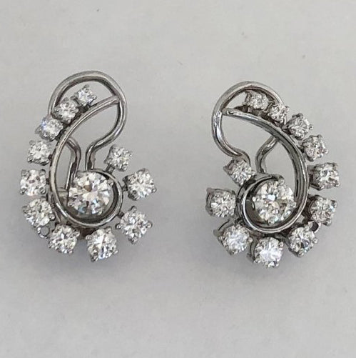 Vintage 1.30ct Diamond Swirl Cluster Clip On Earrings