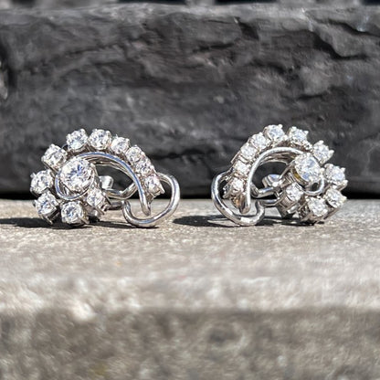 Vintage 1.30ct Diamond Cluster Clip Earrings 14ct White Gold