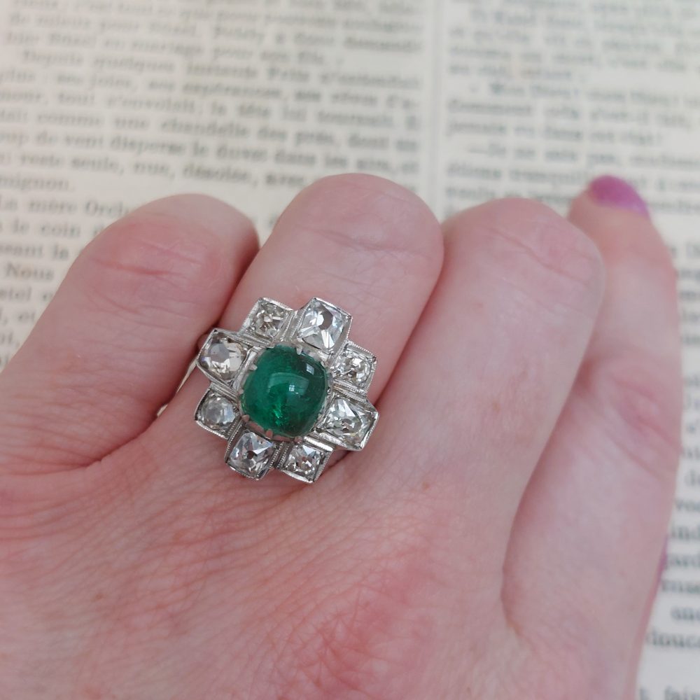 Vintage 1.50ct Cabochon Emerald and Diamond Cluster Ring