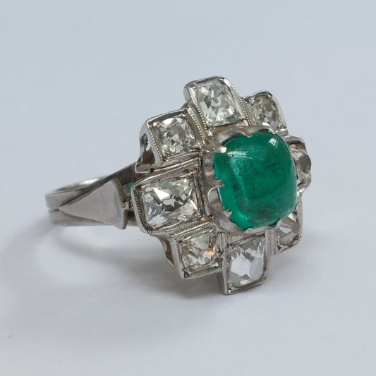 Vintage 1.50ct Cabochon Emerald and Diamond Cluster Ring