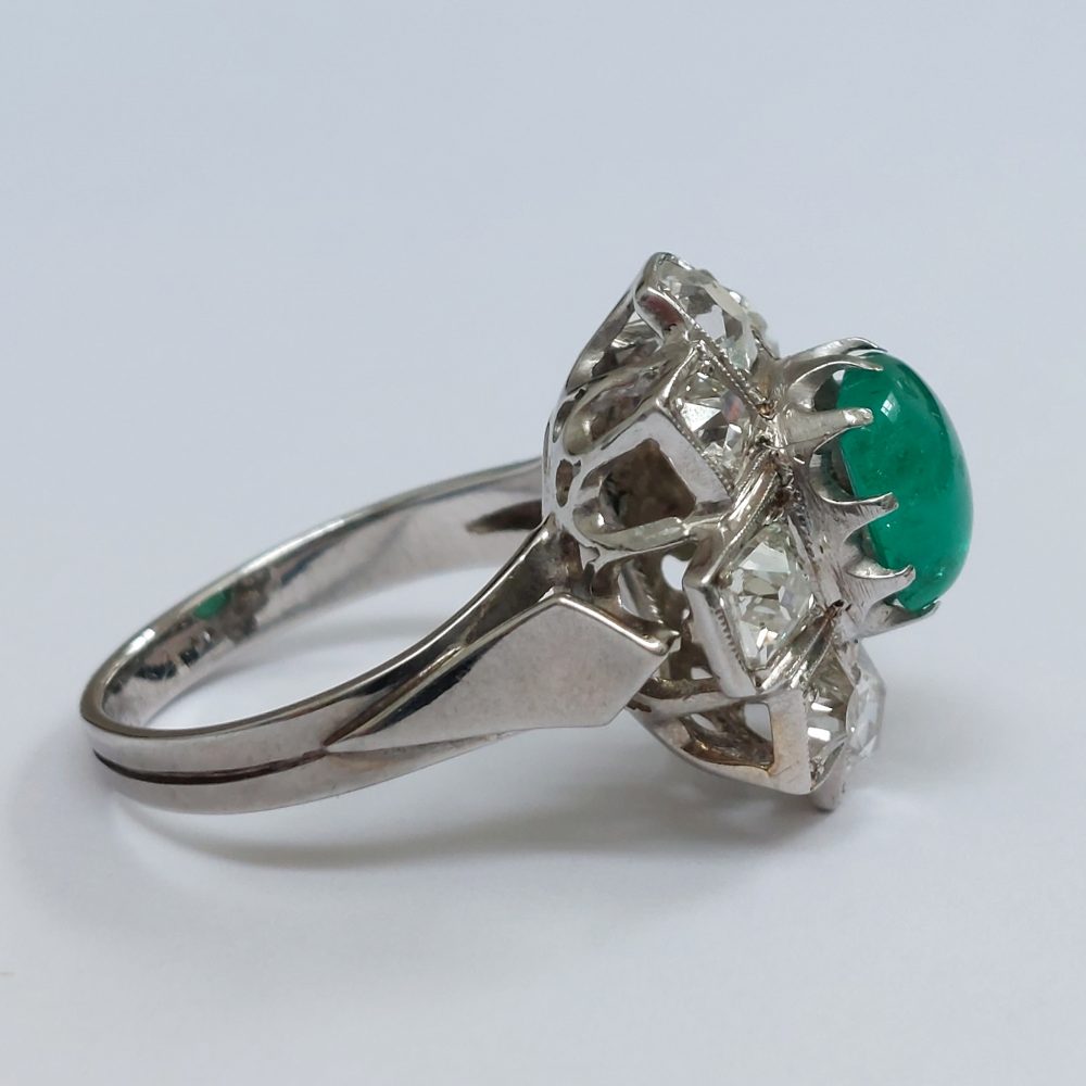 Vintage 1.50ct Cabochon Emerald and Diamond Cluster Ring