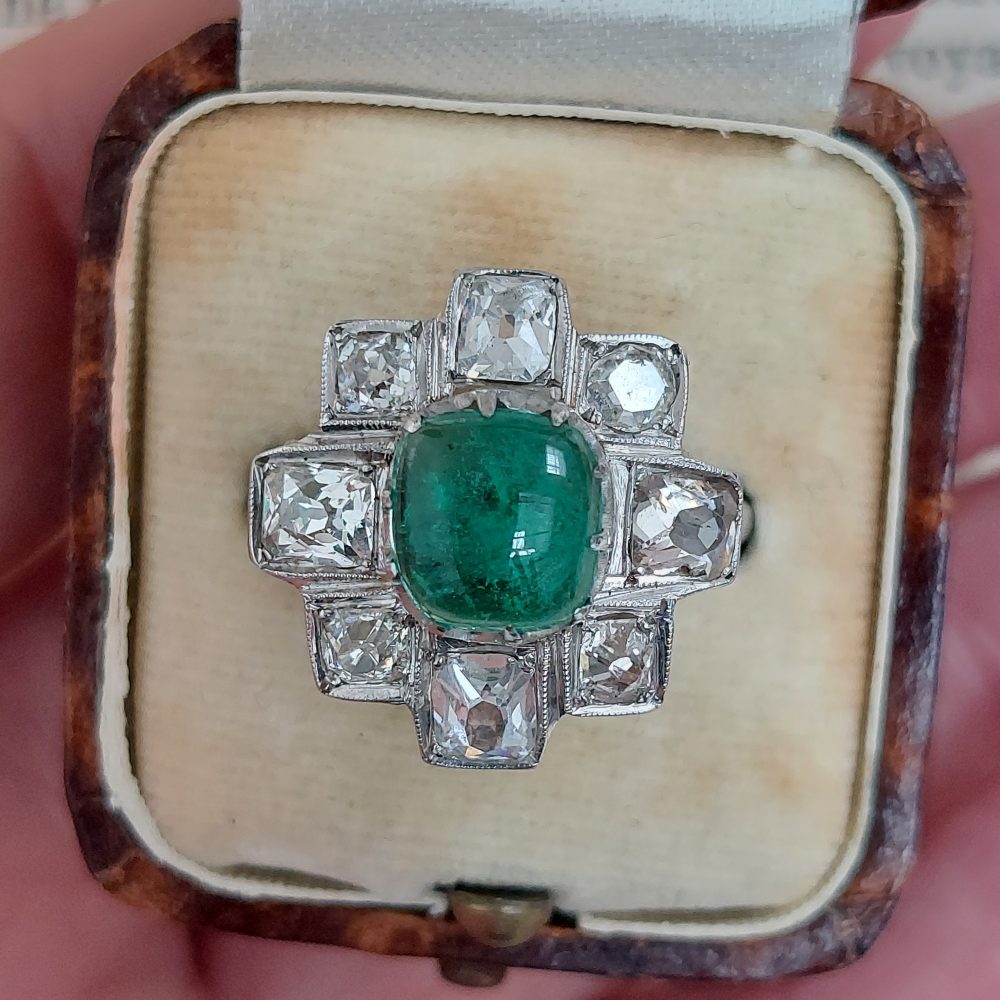 Vintage 1.50ct Cabochon Emerald and Diamond Cluster Ring