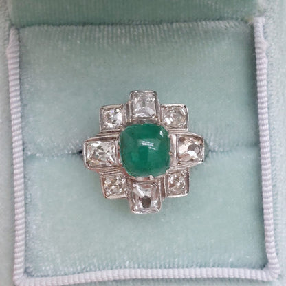 Vintage 1.50ct Cabochon Emerald and Diamond Cluster Ring