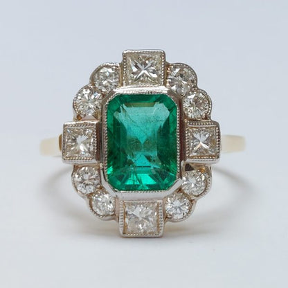Vintage 1.50ct Emerald and Diamond Tablet Cluster Ring