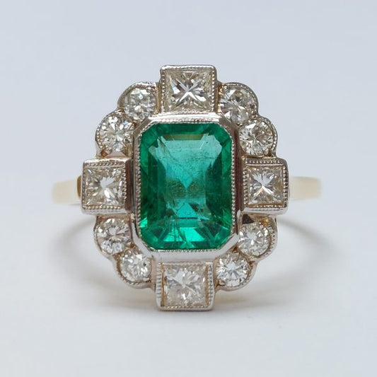 Vintage 1.50ct Emerald and Diamond Tablet Cluster Ring