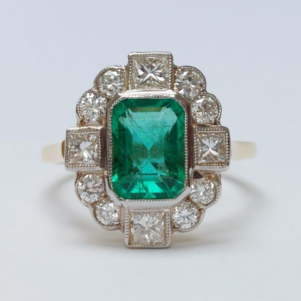 Vintage 1.50ct Emerald and Diamond Tablet Cluster Ring