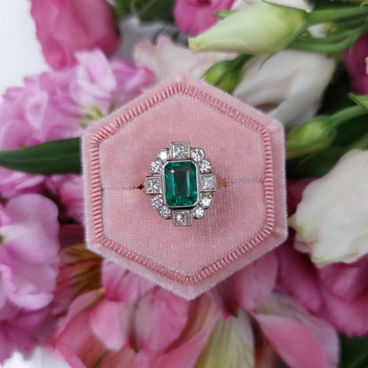 Vintage 1.50ct Emerald and Diamond Tablet Cluster Ring