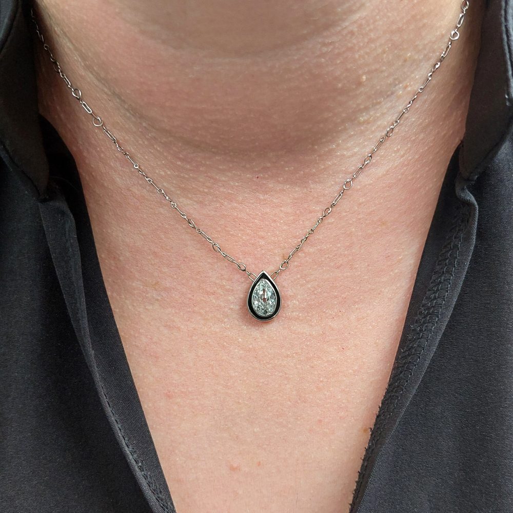 Art Deco Pear Shape Diamond Pendant Necklace, 1.52 carats