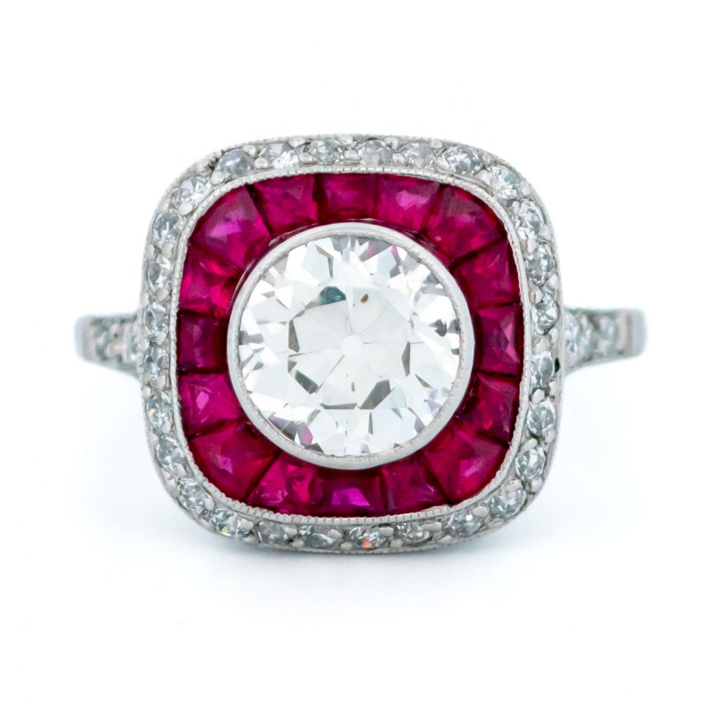 Ruby and diamond target engagement ring, square halo engagement Vintage 1.59ct Old Mine Cut