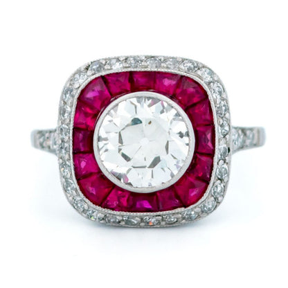 Ruby and diamond target engagement ring, square halo engagement Vintage 1.59ct Old Mine Cut