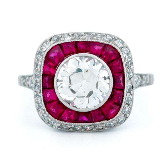 Ruby and diamond target engagement ring, square halo engagement Vintage 1.59ct Old Mine Cut
