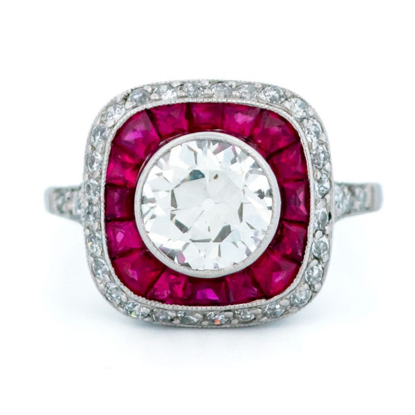 Ruby and diamond target engagement ring, square halo engagement Vintage 1.59ct Old Mine Cut