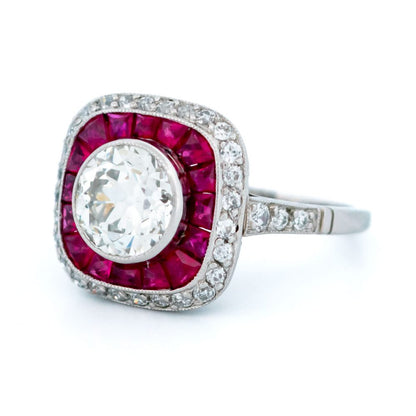 Vintage 1.59ct Old Mine Cut Diamond and Ruby Target Ring