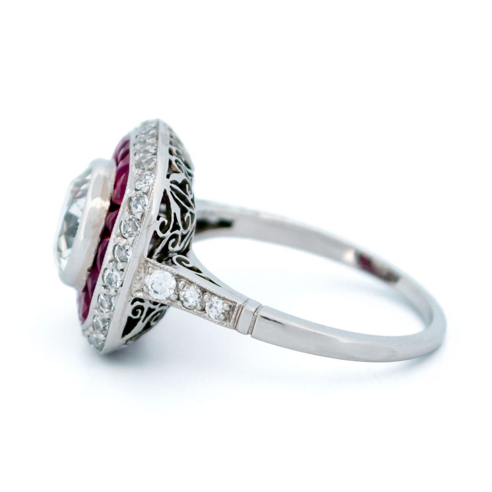 Vintage 1.59ct Old Mine Cut Diamond and Ruby Target Ring