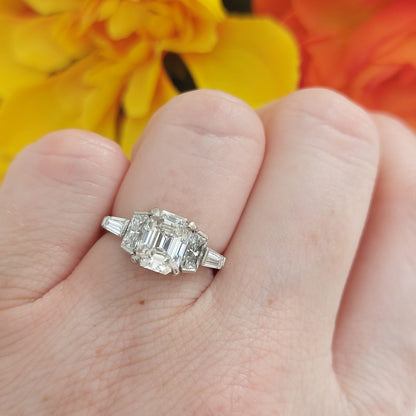 Vintage Art Deco 1.71 Emerald Cut Diamond Three Stone Ring in Platinum