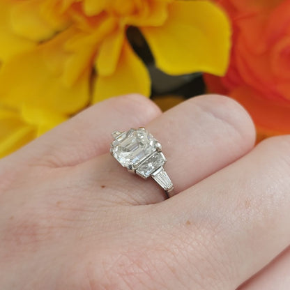 Vintage Art Deco 1.71 Emerald Cut Diamond Three Stone Ring in Platinum