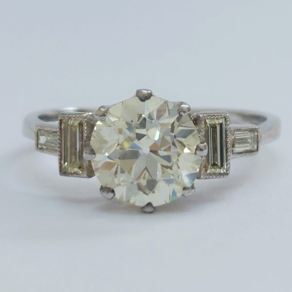 Vintage 1.82ct Diamond Solitaire Ring with Baguette Diamond Shoulders