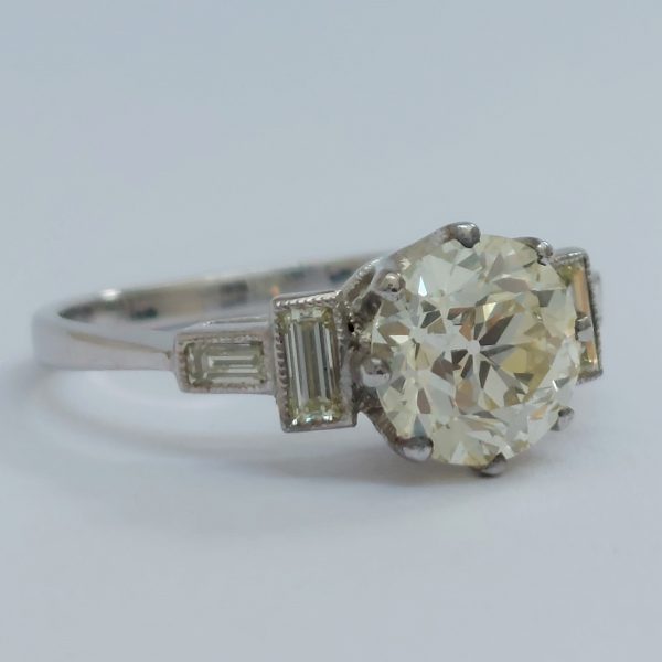 Vintage 1.82ct Diamond Solitaire Ring with Baguette Diamond Shoulders