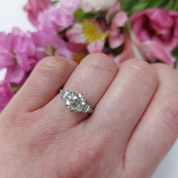 Vintage 1.82ct Diamond Solitaire Ring with Baguette Diamond Shoulders