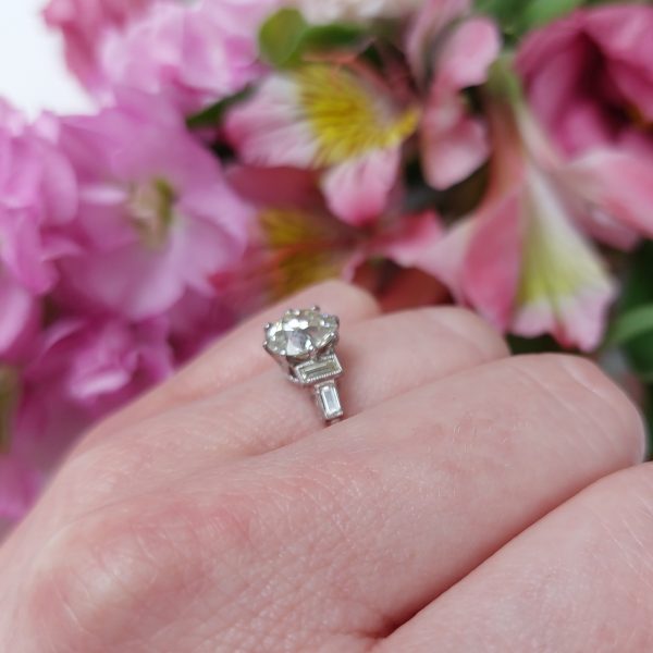 Vintage 1.82ct Diamond Solitaire Ring with Baguette Diamond Shoulders